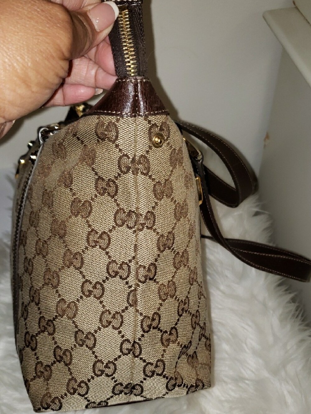 Gucci Beige GG Canvas Shoulder Bag with Dark Brown Leather Trim - Picture 13 of 16